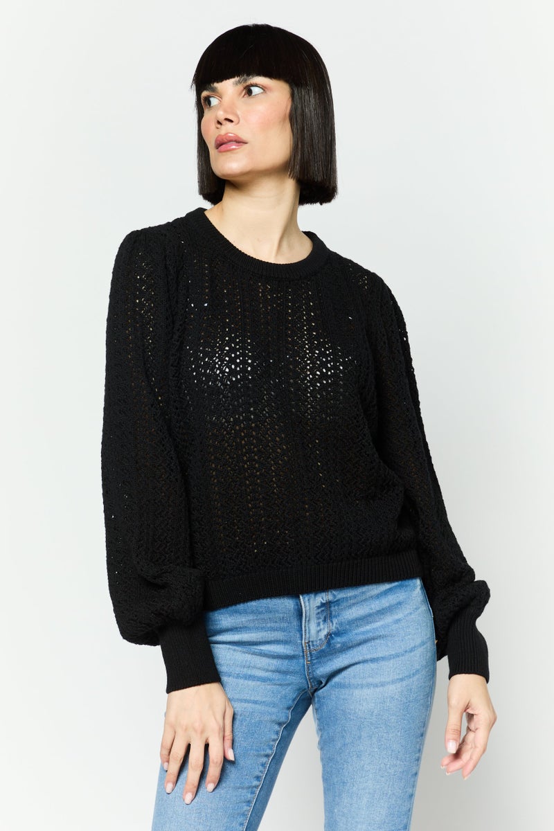 Hurley سويت شيرت نسائي بياقة دائرية بأكمام طويلة بتصميم محبوك، أسود - Image 1